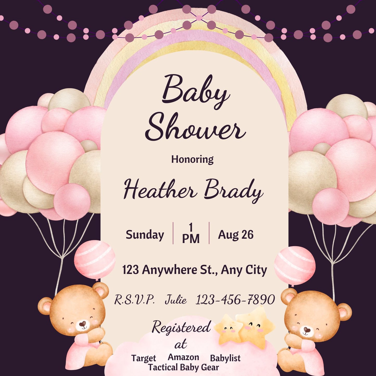 Pink And Purple Bear Baby Shower PRINTED Invitations with a Digital Copy