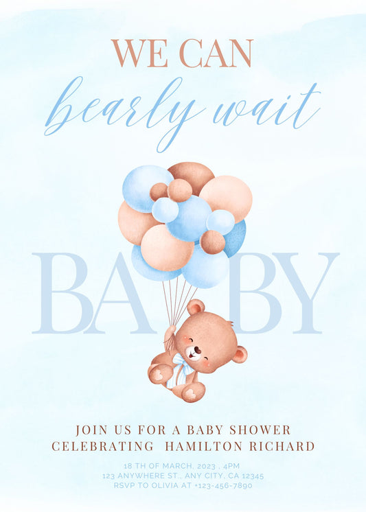 Can Bearly Wait Baby Shower Invitation Printed and Digital Copy